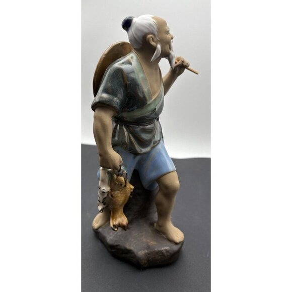 Vintage Shiwan Chinese Mudman Figurine Fishing Fisherman Mud Man 8" tall - Picture 2 of 5